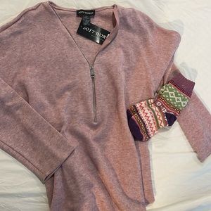 Soft Works size large with silver zipper embellishments, a soft pink sweater
